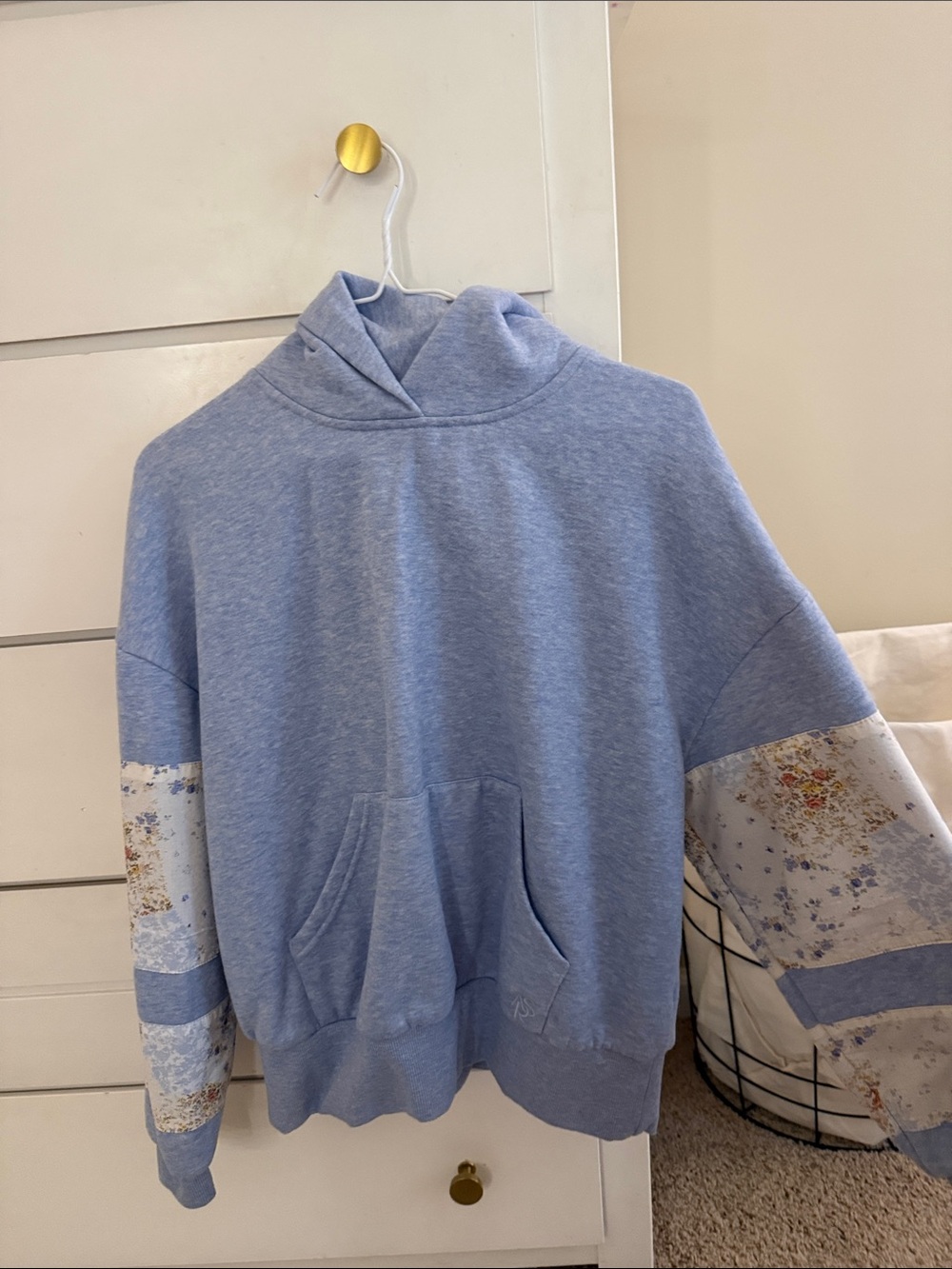 Altar'd State Light Blue Cowl-Neck Pullover with Floral Sleeve Panels